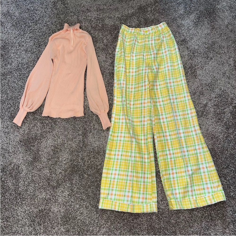 Vintage 1970s Plaid Bell Bottoms Outfit - Yellow/Orange - Women’s